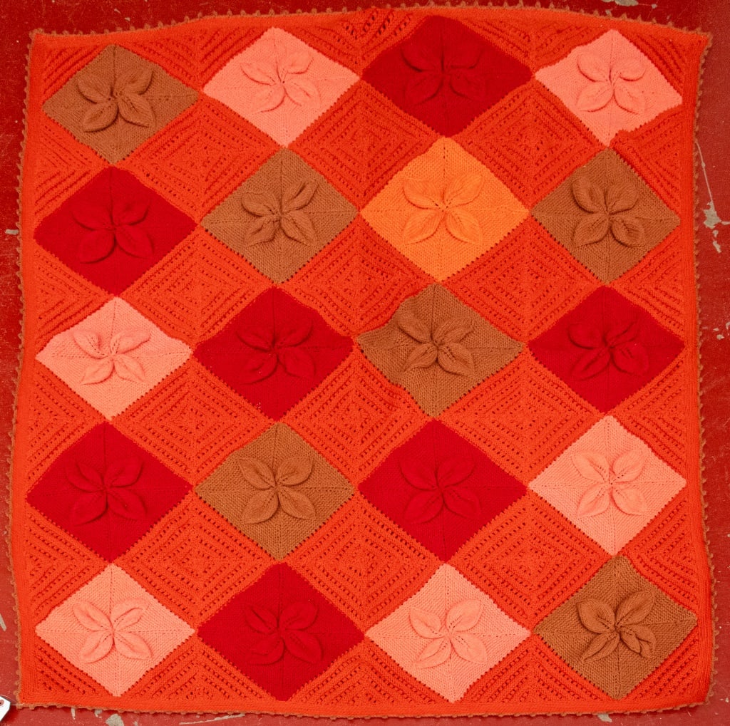 Knit Orange Diamonds Quilt with Flowers (1 of 7)