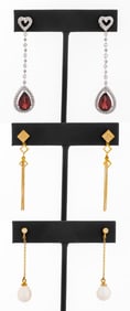 14K Diamond Garnet Pearl Drop Earrings Set, 3 Prs.
