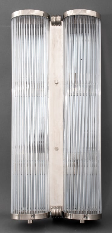 Art Deco Chrome & Glass Rod 2-Light Wall Sconce: Art Deco Chrome and Glass Rod Two-Light Wall Sconce, circa 1930. 31" H x 13" W x 6.5" D. Provenance: From a New York City Collection. Keywords: Streamline Moderne, Lighting, Lamp, Art Deco Period, Wal
