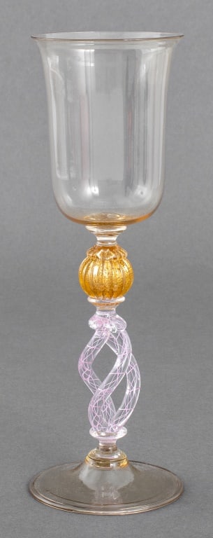Davide Fuin Venetian Murano Glass Goblet: Davide Fuin (Italian, b. 1962) Venetian Murano Blown Clear Glass Water or Wine Goblet, Avventurina 'pasta stellaria' gold-flecked ridged ball to top of handle, and delicate pink stripes in helical han