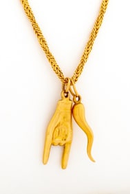 14K Gold Mano Cornuto & Horn Pendant Necklace