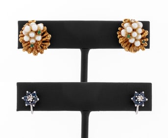 14K Platinum Pearl Diamond Gemstone Earrings Set