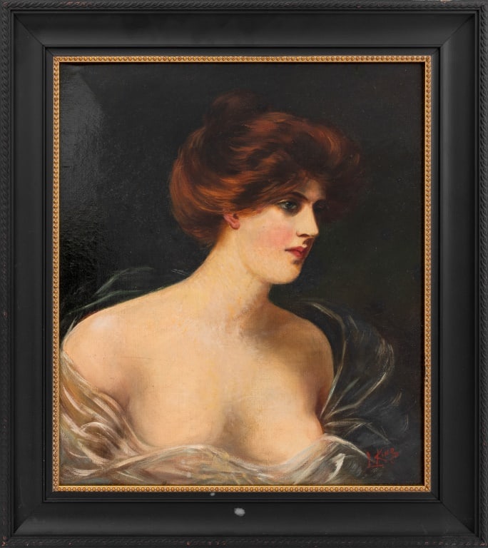 L. King Gibson Girl Style Portrait Oil on Canvas: L. King (American, XX), Gibson Girl Style Portrait of a Woman, Oil on Canvas, signed "L. King" lower right, ebonized wood frame with gilt border. Image: 15.5" H x 13.5" W; frame: 20.25" H x 18.25" W.