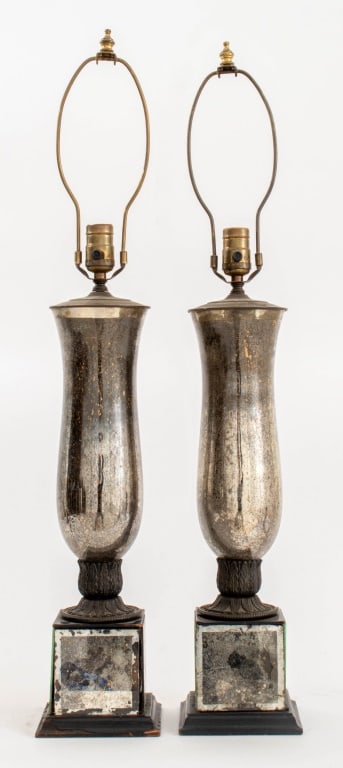 Mercury Mirror Baluster Vase Lamps, Pair: Pair of Mercury Mirror Baluster Vase Lamps, circa 1940, each with a mirrored vase on an acanthus base and socle above a similarly mirrored plinth. Minor chip to corner of one panel, some hairline crac