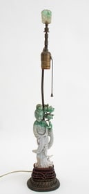 Chinese Carved Jade Guanyin Mounted Lamp