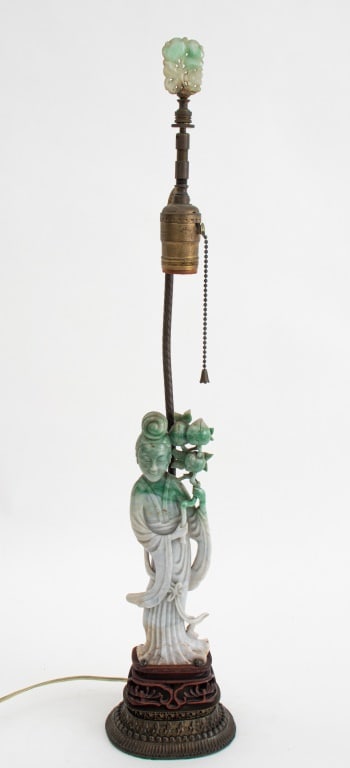 Chinese Carved Jade Guanyin Mounted Lamp (1 of 10)