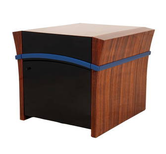 Dakota Jackson Style Rosewood End Table: Dakota Jackson Style Rosewood and Black Lacquered End Table, with blue lacquered trim and one drawer above one cabinet, apparently unmarked. 25.5" H x 30" W x 30" D. Provenance: From an East End Avenu