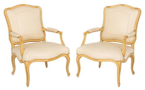Sally Lewis x J. Robert Scott Fauetils, Pair: Pair of Sally Sirkin Lewis for John Robert Scott Louis XV Style Fauteils, with gold-painted faux wood frame and cream colored leather upholstery, labeled "Designed by Sally Sirkin Lewis for / John Rob