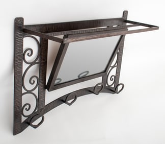 French Art Deco Style Wrought Iron Hat Rack Mirror