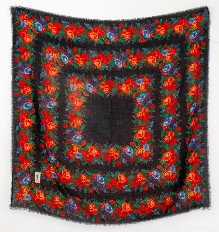 Yves Saint Laurent Floral Silk Blend Scarf: Yves Saint Laurent Floral Silk Blend Scarf, with black ground, marked "YSL" lower right. 54" L x 54" W. Provenance: From a 575 Park Avenue Estate. Keywords: Apparel, Fashion, Designer, Accessories, Fr