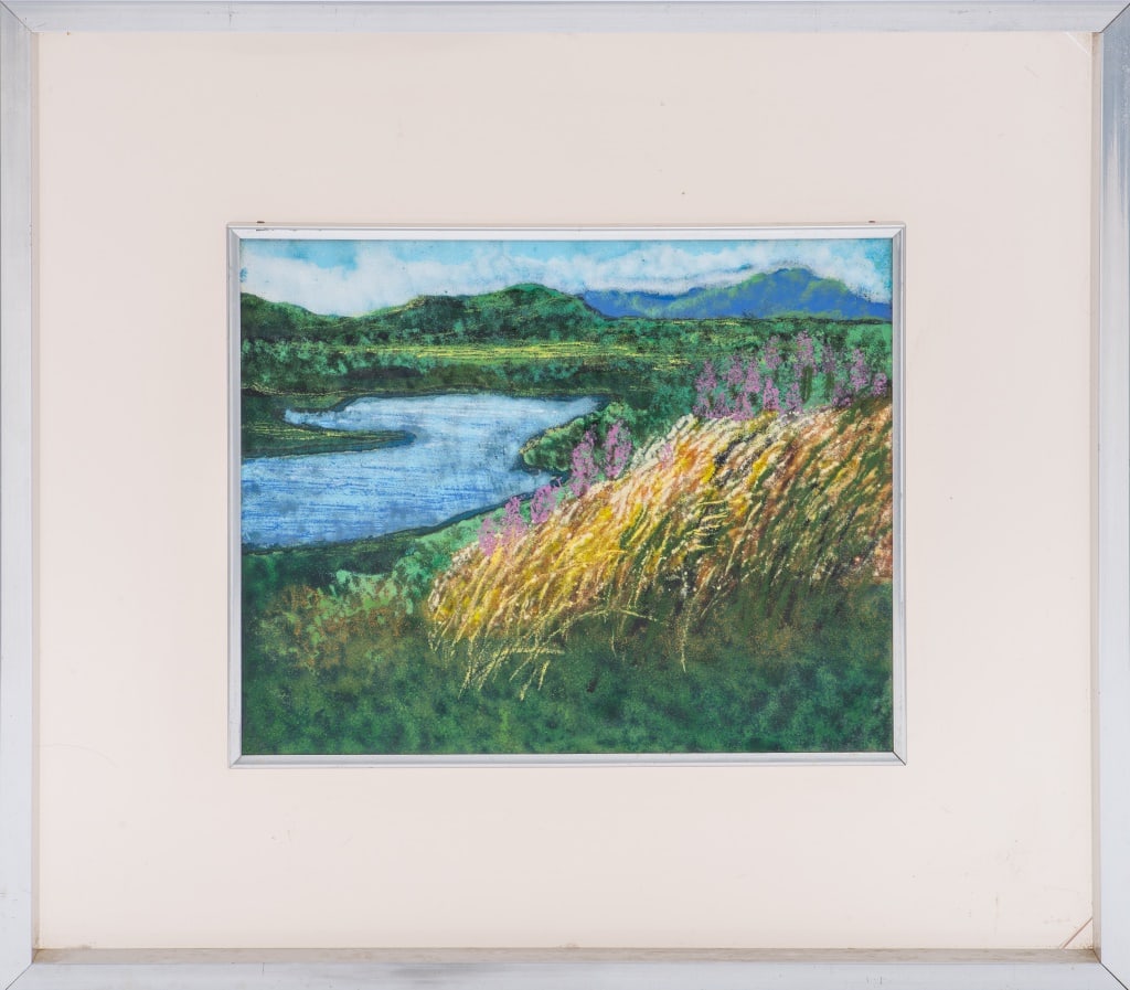Modern Enamel Mixed Media on Metal with Gold Dust: Modern Enamel Mixed Media on Metal with Gold Dust, depicting a landscape with a lake, purple flowers, and mountains in the distance, with gold dust flecks throughout, mounted on a lucite panel in silv