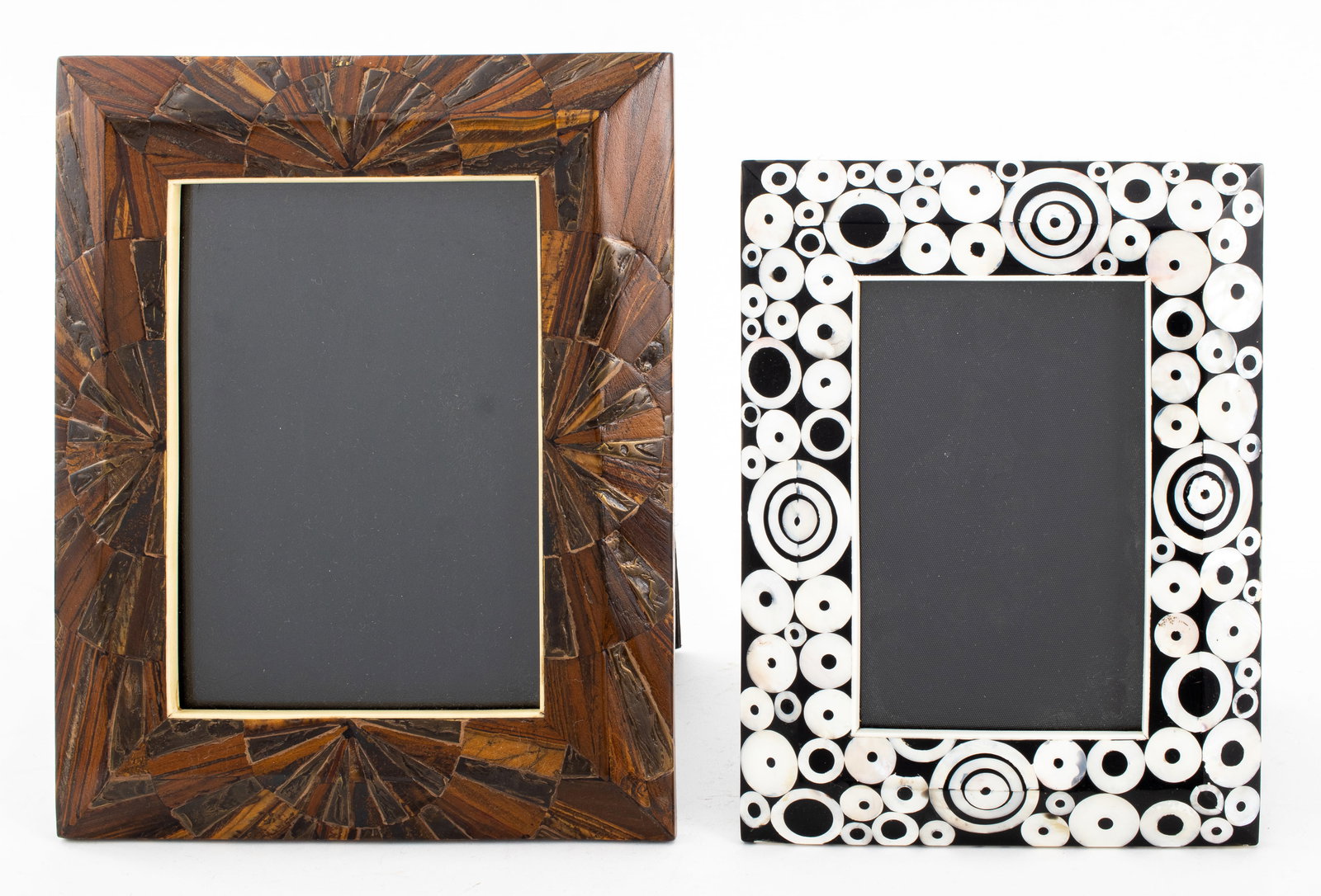 R & Y Augousti Inlaid Easel Frames, 2: Two Ria and Youri Augousti Inlaid Easel Frames, both with "R & Y Augousti / Paris" plaques and "Made in the / Philippines" labels, one with tiger's eye mosaic design and one with mother-of-pearl inlay