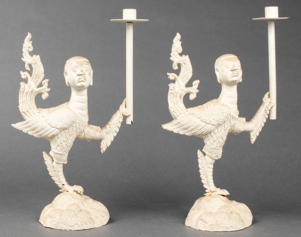 Painted Bronze Kinnara Candlestick Holders, Pair (1 of 10)