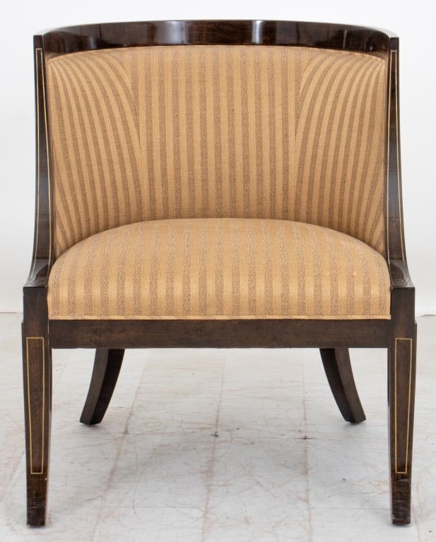 Empire Style Brass Inlaid Mahogany Bergere: Empire Style Brass Inlaid Mahogany Bergere, 20th century. 32" H x 26" W x 31" D; seat: 18" H. Provenance: From a New York City Collection. Keywords: Furniture, Seating, Neoclassical Revival, Neoclassi
