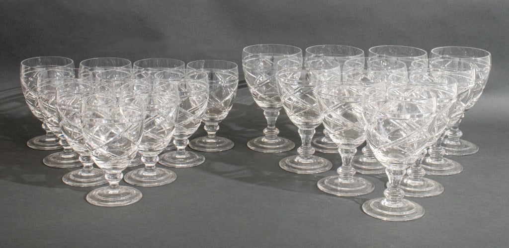 Ralph Lauren "Brogan" Crystal Stemware, 20: Set of Twenty Ralph Lauren "Brogan" Pattern Crystal Stemware, comprising: ten (10) water goblets and ten (10) red wine glasses, all marked "Ralph Lauren" to undersides. 7" H x 4" Diameter. Provenance: