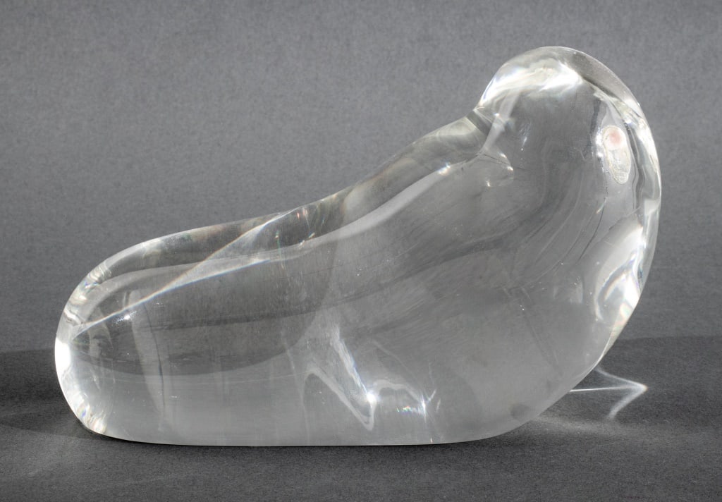 Paul Schulze for Steuben Glass Walrus, 1974: Paul Schulze (American, b. 1934) for Steuben Glass Walrus, introduced 1974, signed "Steuben" to underside of base, lacking sterling silver tusks. 4.5" H x 7.5" L x 3.75" W. Provenance: From a 177 75th