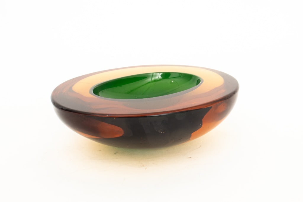 Murano Art Glass Amber and Green Oval Ashtray (1 of 5)