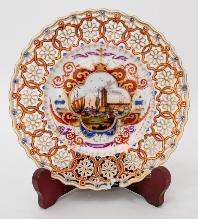 Helen Wolfsohn Meissen Porcelain Plate, 19th C.: Helen Wolfsohn (German, XIX) Meissen Porcelain Plate, with reticulated floral border and hand-painted coastal scene to center, impressed "Meissen" mark and numbered "39 / 10 / 1" and blue overglaze "D