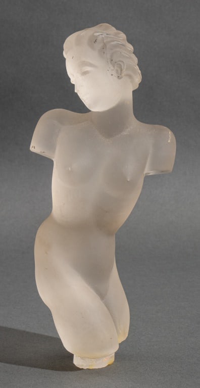 Eleon von Rommel Attr. Figural Glass Sculpture: Eleonore von Rommel (German, 1894-1974) Attributed Figural Art Deco Glass Sculpture, depicting nude woman with no arms in frosted glass, lacking square glass base, apparently unsigned. 9" H x 3.75" W