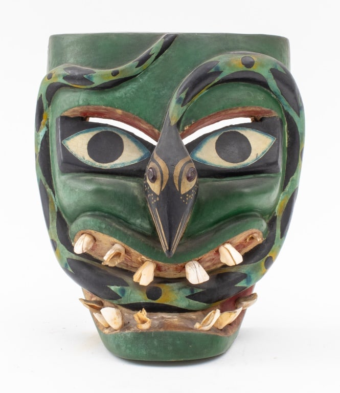 Mexican Polychrome Painted Wooden Dance Mask: Mexican Polychrome Painted Zoomorphic Dance Mask, of an anthropomorphic face with a snake bearing its boar teeth, 20th century. 11.5" H x 9" W x 6.5" D. Provenance: Property from the Central Park West