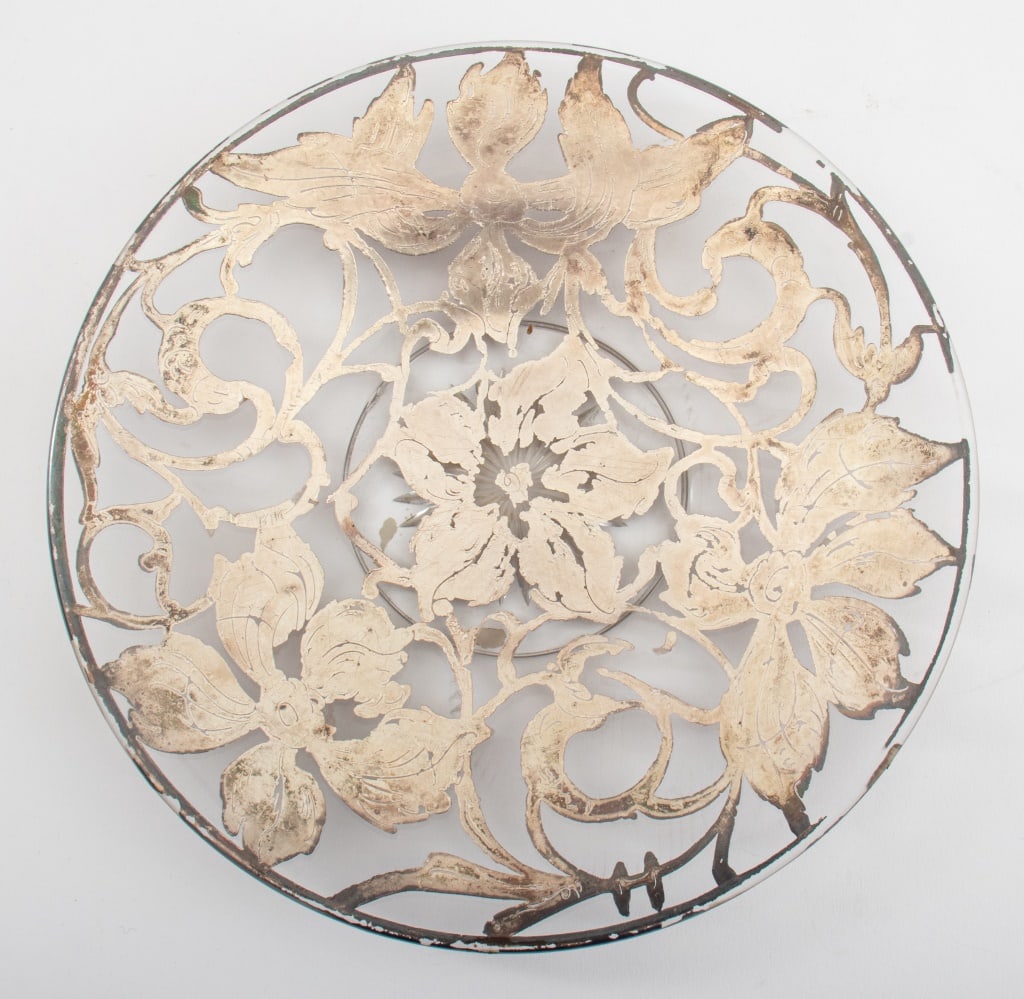 Art Nouveau Silver Overlay Glass Dish, 20th C. (1 of 5)