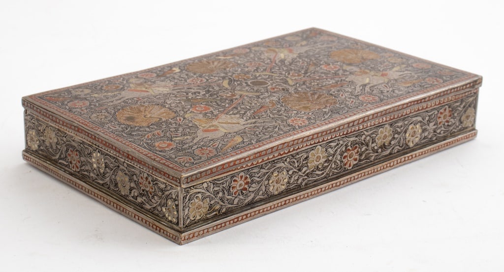 Chinese Silver Plate Tobacco Box, 20th C.: Chinese Silver Plate Tobacco Box, 20th century, with painted incised figural and floral motif. 1" H x 6.75" W x 4" D. Provenance: From a New York City Collection. Keywords: Humidor, Vessel, Container,