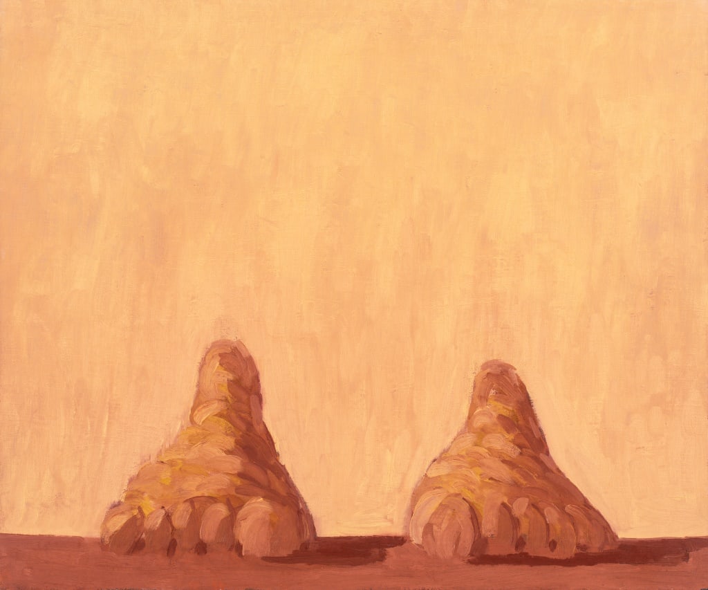 Domenick Capobianco Surrealist Oil on Canvas: Domenick Capobianco (American, b. 1928), Abstract Surrealist Composition, Oil on Canvas, depicting two feet, "Studio Domenick Capobianco" stamp to side, unframed. 20" H x 24" W. Provenance: Property f
