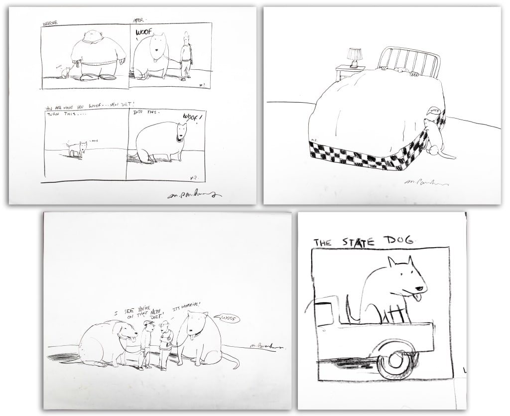 Michael Paraskevas Dog Comic Strips Graphite, 4: Michael Paraskevas (American, b. 1961), Four Comic Strips, Graphite on Paper, comprising: "The State Dog", Man in Bed with Dog signed lower right, Page with two strips "Before/After" and "You Are What