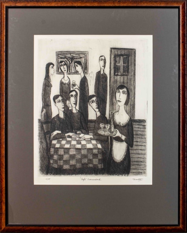 Theo Humblet "Cafe Craenendonck" Etching: Theo Humblet (Belgian, 1919-2006), "Cafe Craenendonck", Etching on Paper, "Bibliotheca Regiae Belgi Chalcographia" [Royal Belgian Library] stamp and pencil numbered edition "1/25" lower left, titled "