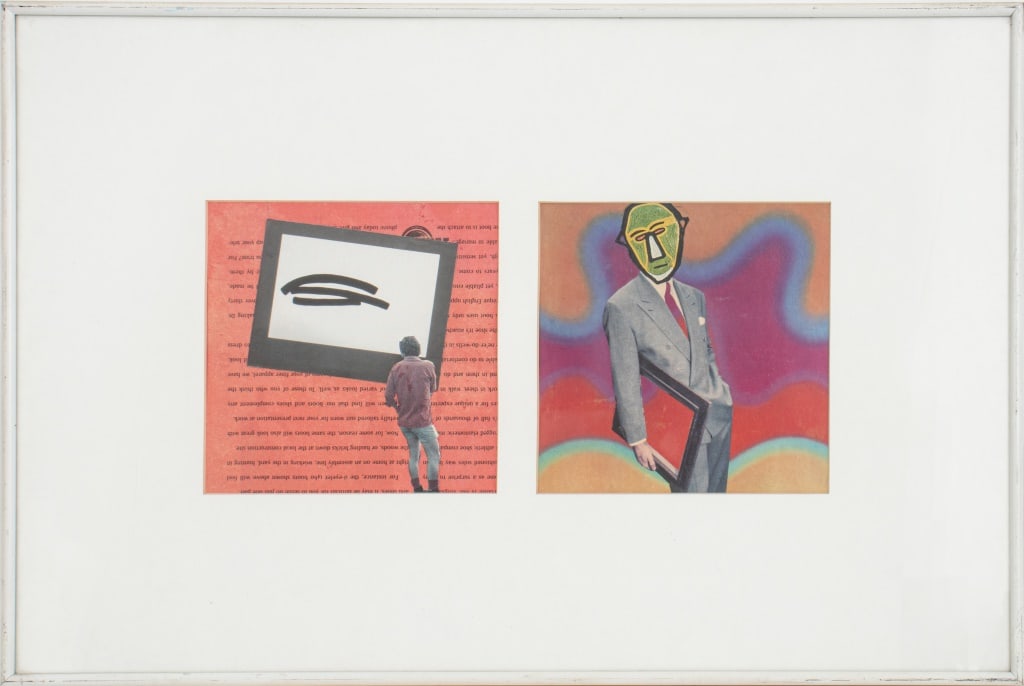 E.F. Hebner Mixed Media Collages on Paper, 2: E.F. Hebner (American, 1936-2010), Two Mixed Media Collages on Paper, 1994, together in one silver-tone frame, signed and dated to verso. Image: 7" H x 7" W; frame: 16.5" H x 24.5" W. Provenance: From