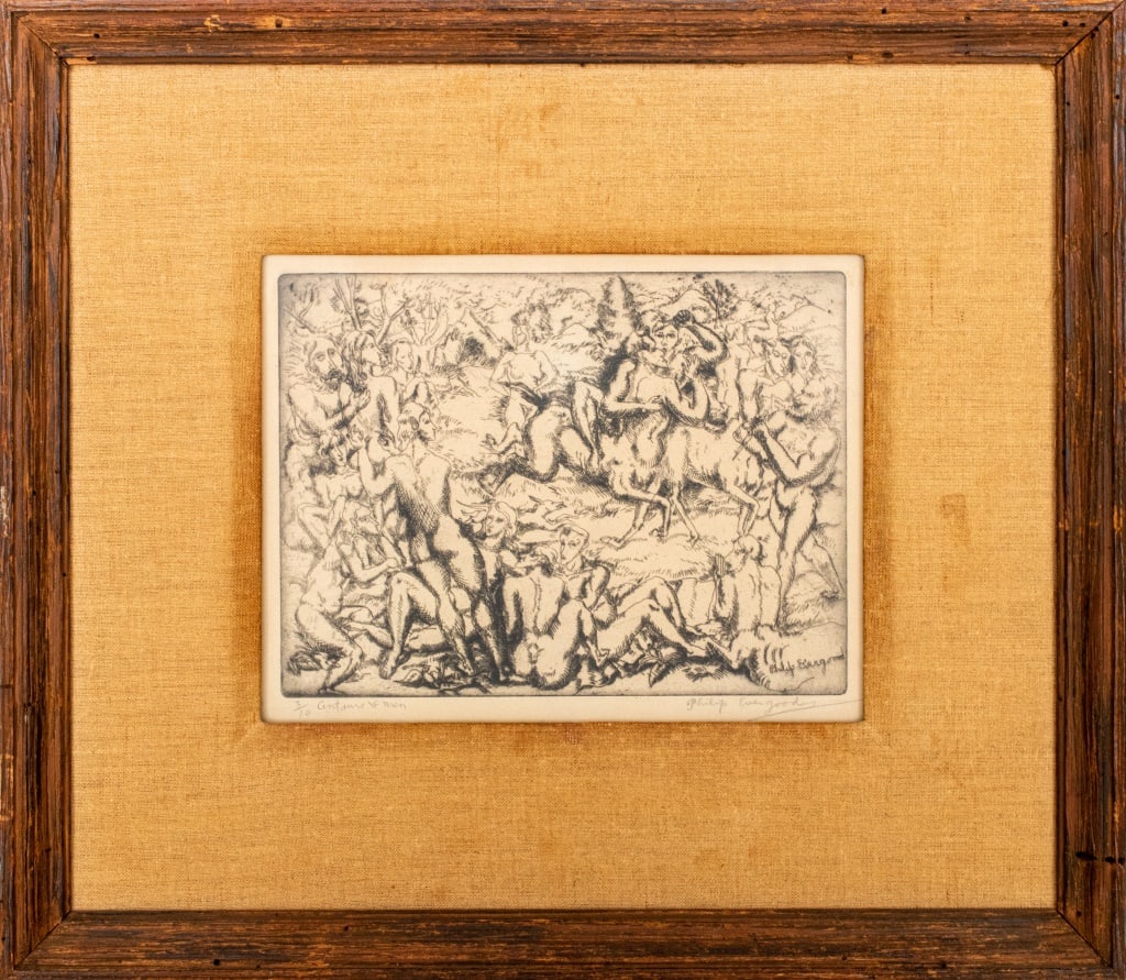 Philip Evergood "Centaurs of Men" Etching: Philip Evergood (American, 1901-1973), "Centaurs of Men", Etching, numbered edition "3/10" and titled lower left, signed in pencil lower right, House of Heydenryk wood frame. Image: 7.75" H x 10" W; f