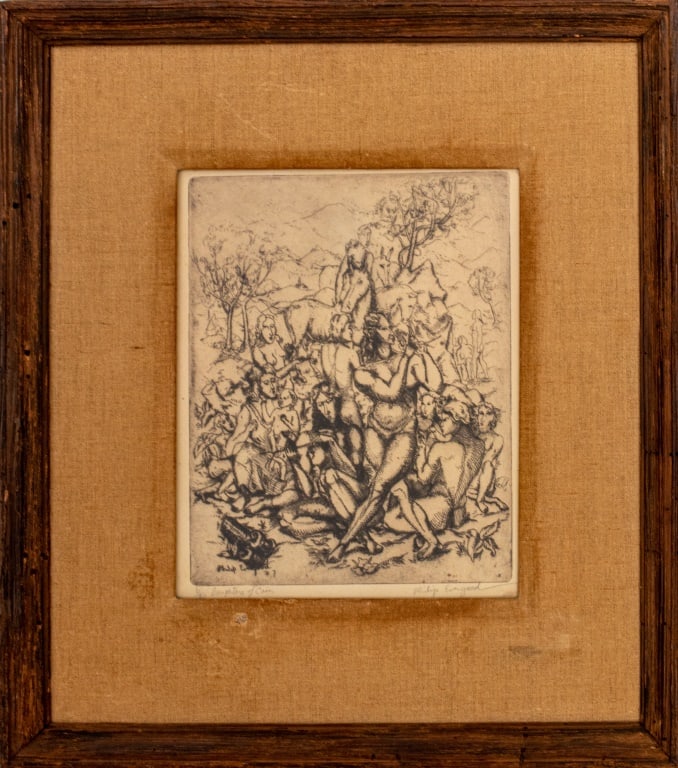 Philip Evergood "Daughters of Cain" Etching: Philip Evergood (American, 1901-1973), "Daughters of Cain", Etching, 1927, numbered edition "6/20" and titled lower left, signed in pencil lower right, House of Heydenryk wood frame. Image: 10.5" H x