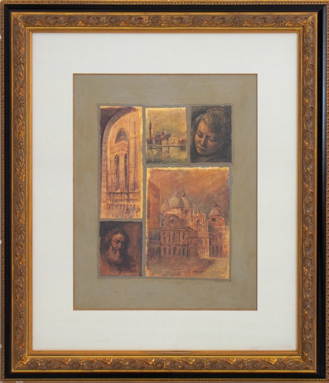 Armand Moumjian Venetian Mosaic Scene Mixed Media: Armen Armand Moumjian (Armenian, XX-XXI), Venetian Mosaic Scene, Mixed Media on Canvas, signed lower right, large black and giltwood frame. Image: 28" H x 22" W; frame: 46.5" H x 40.5" W x 2.75" D. Pr