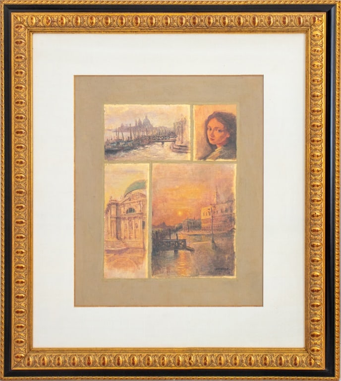 Armand Moumjian Venetian Mosaic Scene Mixed Media: Armen Armand Moumjian (Armenian, XX-XXI), Venetian Mosaic Scene, Mixed Media on Canvas, signed lower right, large black and giltwood frame. Image: 27" H x 22.25" W; frame: 46.5" H x 40.5" W x 2.75" D.