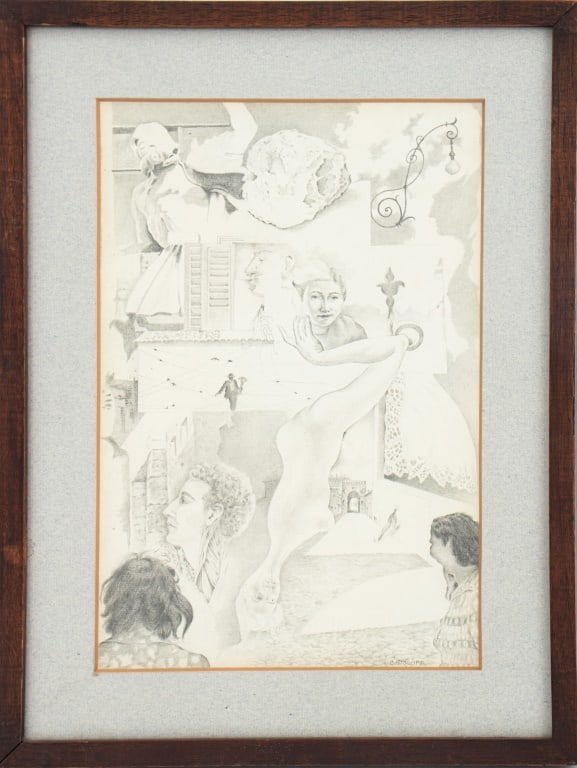Carolyn Stoloff Surrealist Pencil on Paper: Carolyn Stoloff (American, XX), Surrealist Composition, Graphite on Paper, signed lower right, wood frame. Image: 11" H x 7.25" W; frame: 14.75" H x 11.25" W. Provenance. From a New York City Collecti