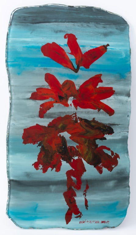 Duilio Barnabe for Fontana Arte Painted Glass: Duilio (Dube) Barnabe (Italian, 1914-1967) for Fontana Arte Reverse Painted Glass Panel, blue-grey ground with red abstracted design, marked "Dube * Fontana Arte *" lower right. 29.5" H x 15.5" W. Pro