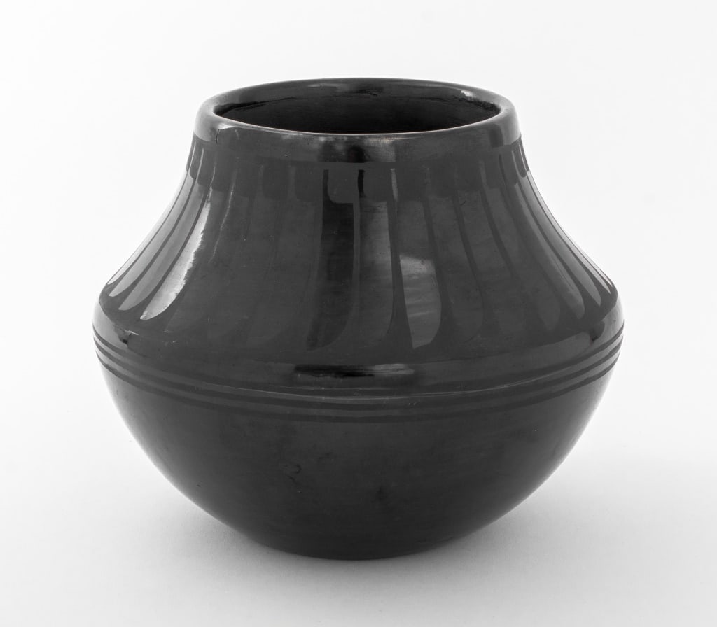 Adam & Santana Martinez Blackware Pottery Bowl: Adam Martinez (American, San Ildefonso Pueblo, 1903-2000) and Santana Martinez (American, San Ildefonso Pueblo, 1909-2002) Blackware Pottery Bowl, with feather design, signed "Santana / Adam" to under