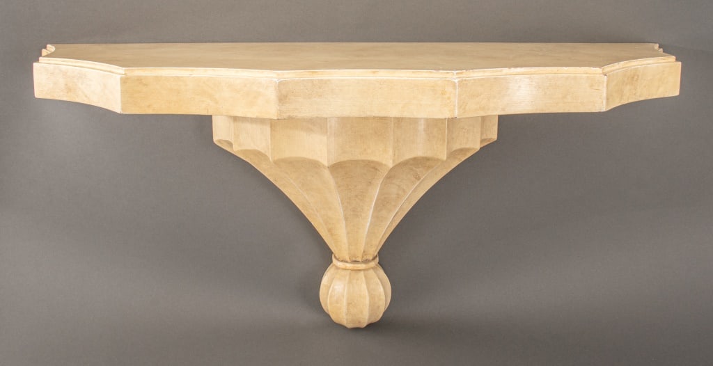 Samuel Marx Lacquered Wood Wall-Mounted Console: Samuel Marx Lacquered Wood Wall-Mounted Console, of demilune form with reverse scalloped edge, the wooden shelf lacquered in a textured beige tone. 16.5" H x 34.25" W x 12.5" D. Provenance: From a Rye