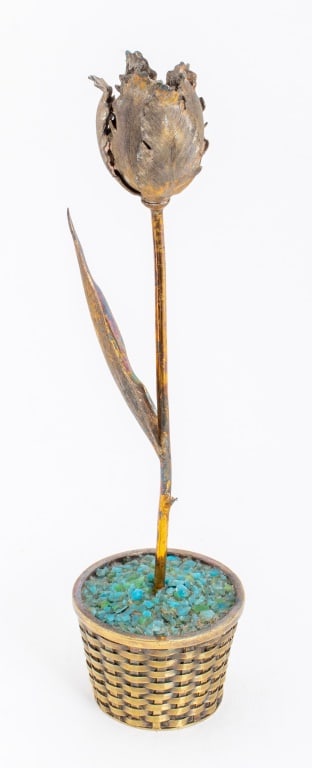 Tiffany & Co. Silver Gilt Tulip Model: Tiffany and Company Silver Gilt Tulip Model, a single parrot tulip with a single leaf in a woven basket with robin's egg blue glass shards, marked "Tiffany & Co. / Sterling / Mexico" to underside. Sil