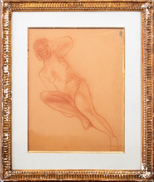 Andre Derain "Femme Nue au Repos" Conte Crayon: Andre Derain (French, 1880-1954), "Femme Nue au Repos" [Nude Woman at Rest], Red Conte Crayon on Wove Paper, Atelier Andre Derain stamp lower right, carved giltwood frame. Image: 12.75" H x 16.25" W;