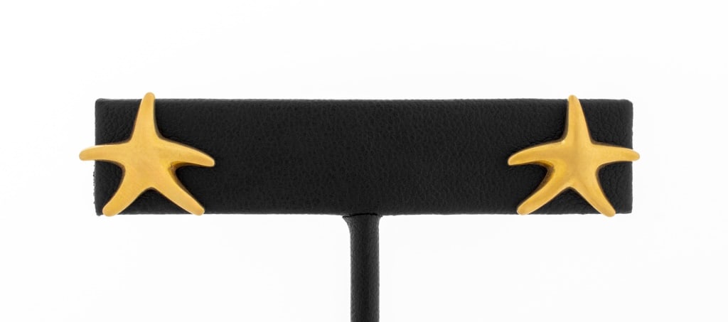 Elsa Peretti x Tiffany & Co. 18K Starfish Earrings: Elsa Peretti for Tiffany and Company 18K Yellow Gold Starfish Earrings, worn through pierced earlobes with posts and friction backs, marked: "(c) PERETTI TIFFANY & CO. SPAIN 750". Measuring approx. 5/