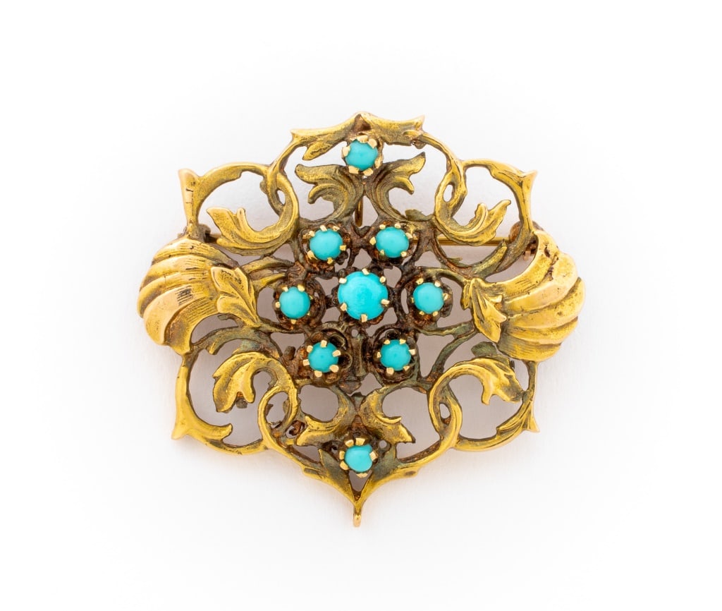 14K Yellow Gold Turquoise Brooch: 14K Yellow Gold Turquoise Brooch, featuring 9 prong set turquoise cabochons weighing a total of approx. 1.00 carat, worn through fabric with pinstem, joint and catch, may be worn as pendant with hidde
