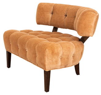 Billy Haines Tufted Slipper Chair: William "Billy" Haines Tufted Slipper Chair, peach upholstery, curved upholstered backrest on two supports above shaped seat on splay legs, circa 1940, apparently unmarked. 28" H x 36" W x 30" D; seat
