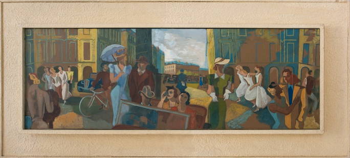 Yves Alix "Place Venditoire" Gouache on Paper: Yves Alix (French, 1890-1969), "Place Venditoire" [Vendor Square], Gouache on Paper, 1935, signed in pencil lower left, titled and dated to verso, white painted wood frame. Image: 11.75 H x 35.5" W; f