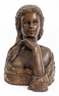 Victor Salmones Female Bust Bronze Sculpture: Victor Salmones (Mexican, 1937-1989) Female Bust Bronze Sculpture, depicting the bust of a woman contemplating, numbered edition "2/10", marked "M - 28", and signed. 17.5" H x 12" W x 9" D. Provenance