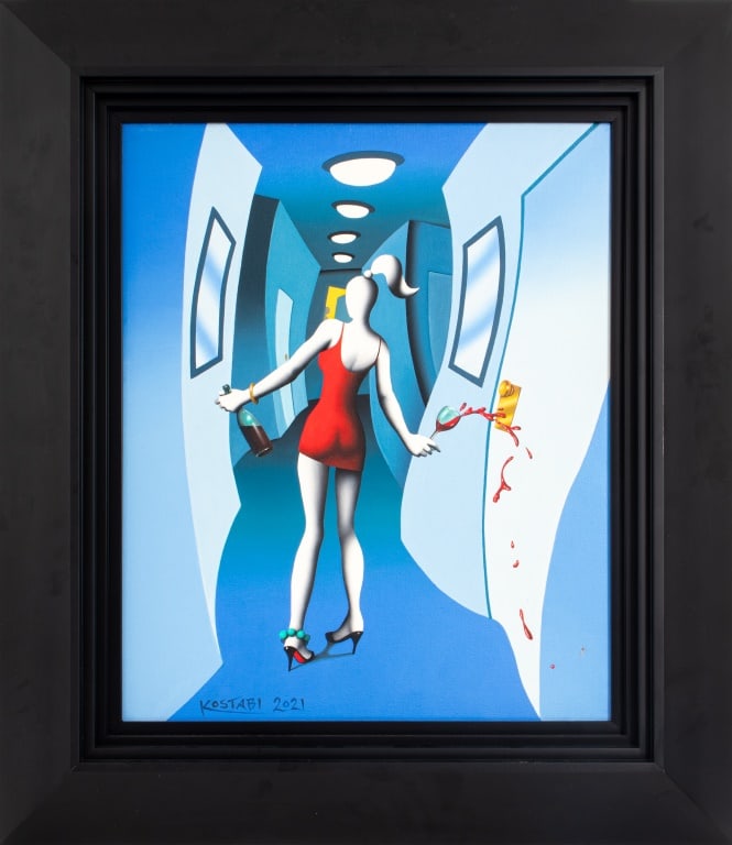 Mark Kostabi "Tipsy" Oil on Canvas, 2021: Mark Kostabi (American, b. 1960), "Tipsy", Oil on Canvas, 2021, signed and dated lower left and verso with title, together with a Certificate of Authenticity from Park West Gallery, black frame. Image