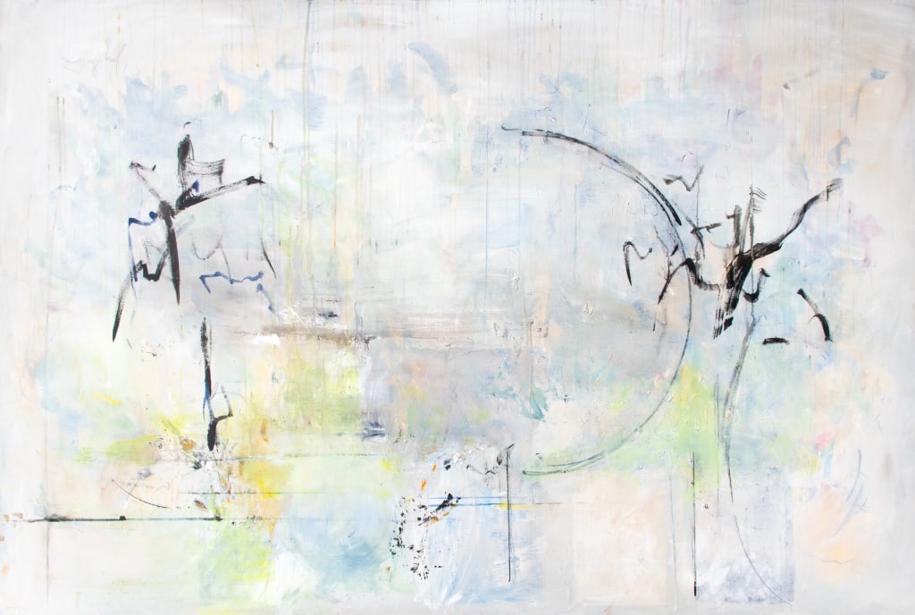 Joan Golding "Rhythms and Squares" Acrylic Canvas: Joan Golding (American, XX), "Rhythms and Squares", Acrylic Canvas, signed lower right, titled to verso, unframed. 57" H x 84" W. Provenance: From an Upper East Side Collection. Keywords: Painting, Ab