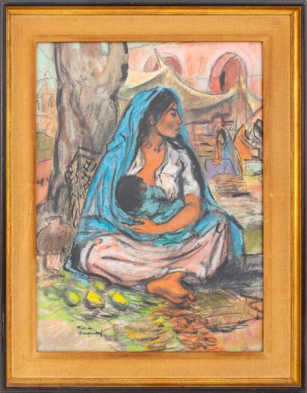 Marion Greenwood Mother and Child Pastel: Marion Greenwood (American, 1909-1970), Mother and Child, Pastel on Paper, signed lower left, giltwood frame. Image: 20.75" H x 15.25" W; frame: 26.5" H x 21" W. Provenance: From a New York City Colle