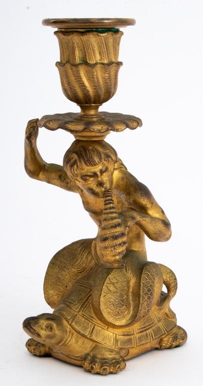 Renaissance Style Merman Gilt Bronze Candlestick: Renaissance Revival Merman Atop Turtle Parcel Gilt Bronze Candlestick, 19th century, probably Italian. 6.75" H x 4.25" W x 2.5" D. Provenance: From a New York City Collection. Keywords: Lighting, Scul