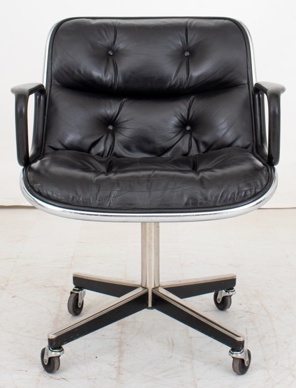 Charles Pollock for Knoll Executive Office Chair: Charles Pollock for Knoll International Executive Office Chair, designed 1963, with button-tufted black leather seat and backing on chrome base with four casters. 32.25" H x 26.25" W x 28.5" D; seat: